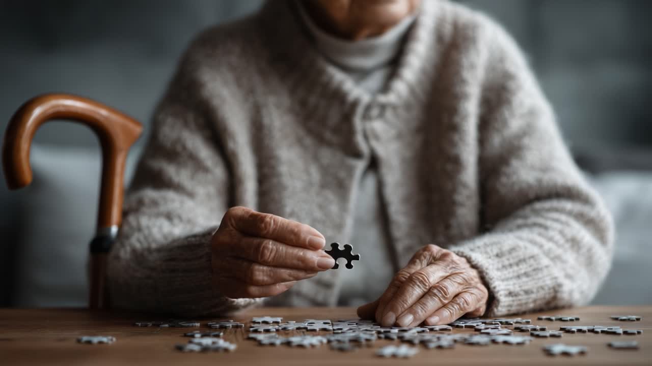 A Senior Individual Engaged in Piecing Together a Puzzle, Reflecting Moments of Patience and Concentration in a Cozy Indoor Setting
