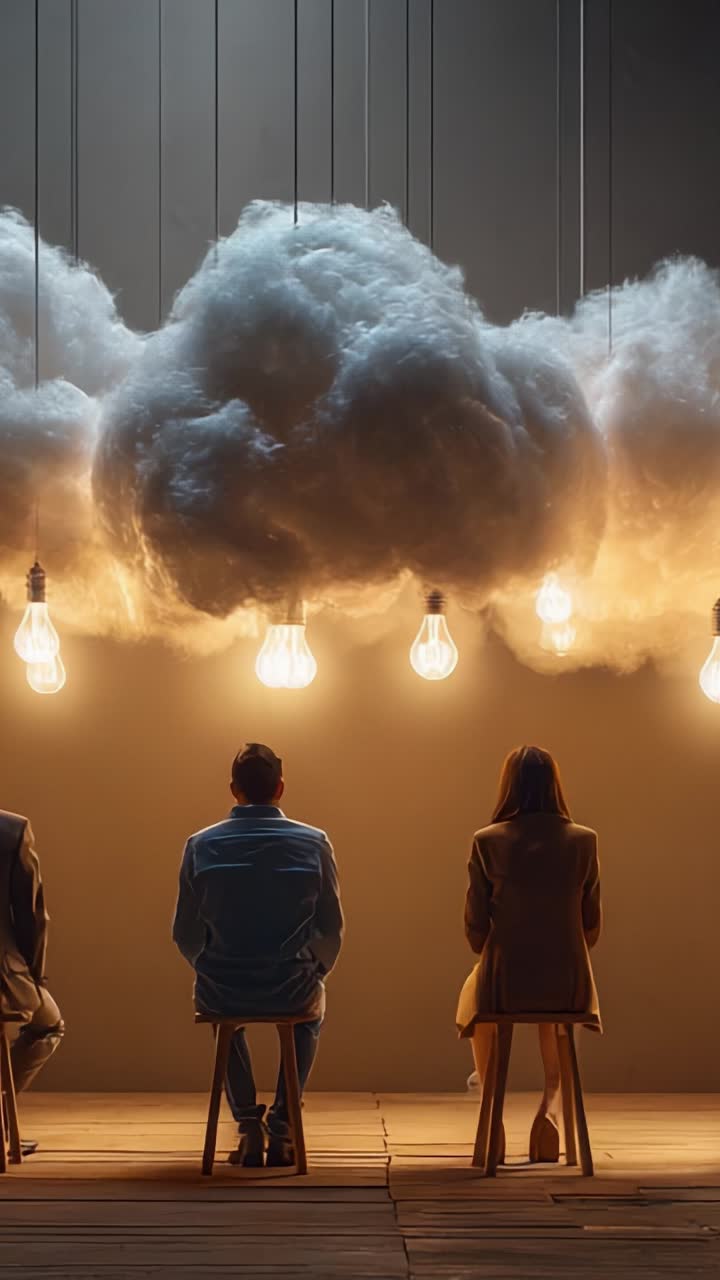 Three individuals sit on stools under a cloud of soft, illuminated lights, symbolizing creativity, contemplation, and inspiration in an artistic and serene atmosphere