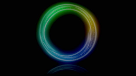 front view animation loop of a colorful and glowing rotating ring casting reflection on the floor