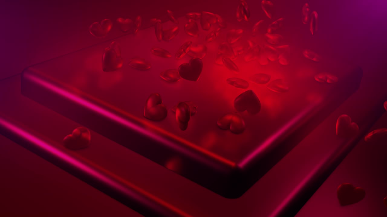 Red polygonal hearts falling on glamorous podium. Valentines Day event background. 3D rendering loopable animation 4k