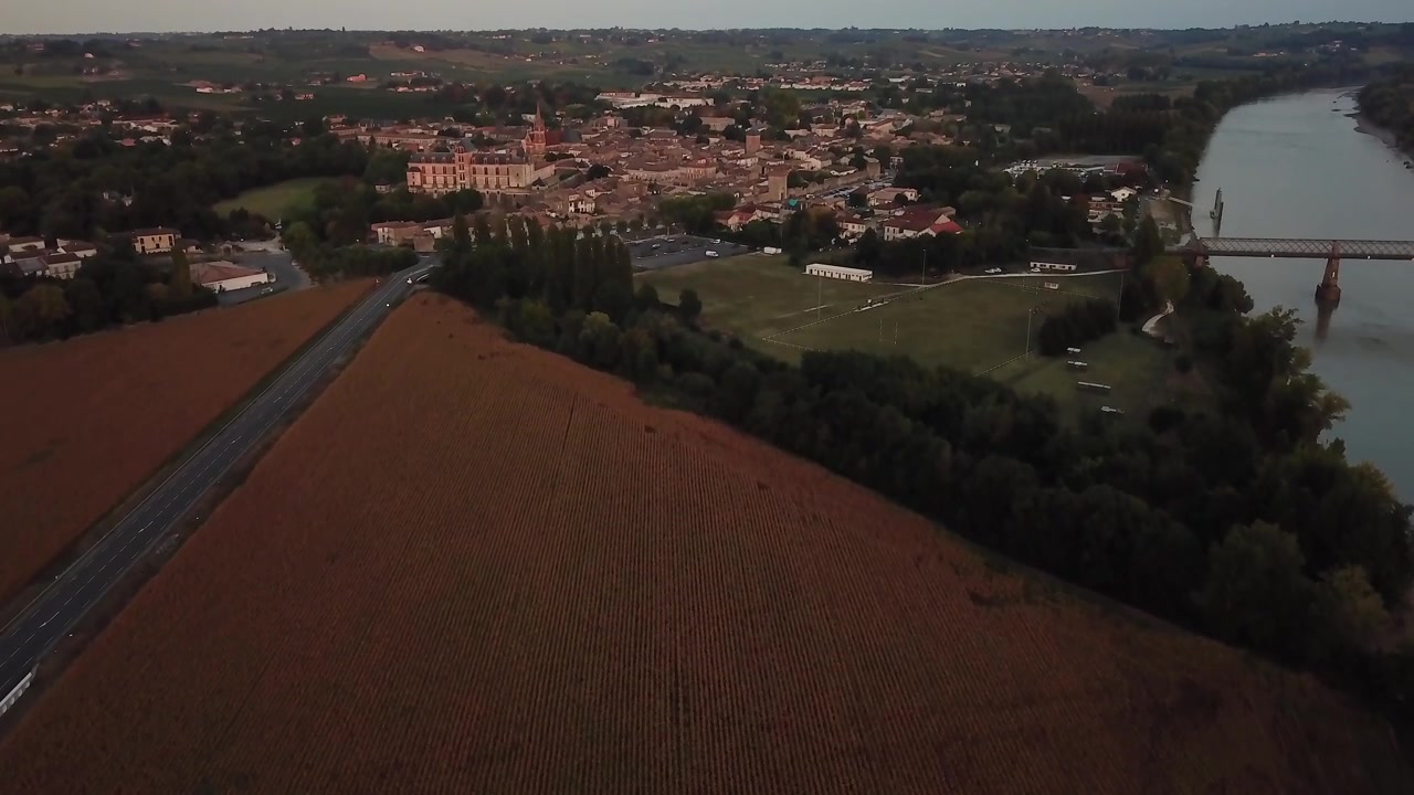 Vista aerea dell'onda di marea del Mascaret che si propaga lungo il fiume Garonna vicino a Cadillac, con alberi rigogliosi che costeggiano le sponde del fiume a Mascaret Cadillac, Nuova Aquitania, Francia.