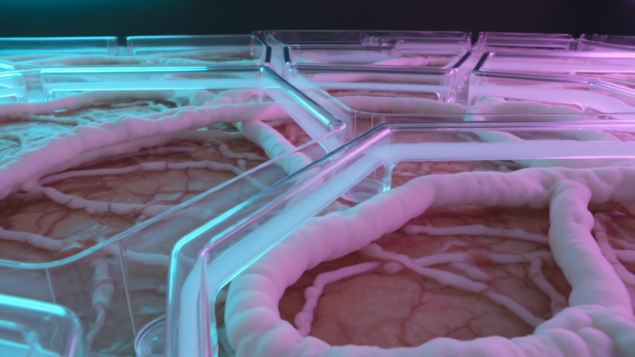 Moving camera showing clear hex trays on bench showing substrate and rings in cyan-magenta lighting