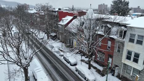 Snowfall-in-american-town-at-cloudy-winter-day