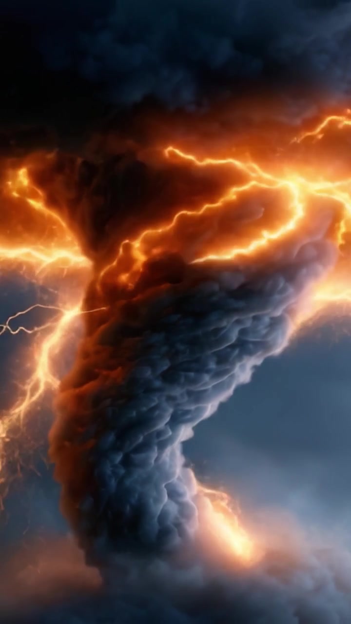 Un tornado elettrizzante si avvolge attraverso un cielo tempestoso, circondato da dinamiche fasce di nuvole scure e illuminato da fulmini vibranti e scoppiettanti, creando uno spettacolo mozzafiato della potenza della natura