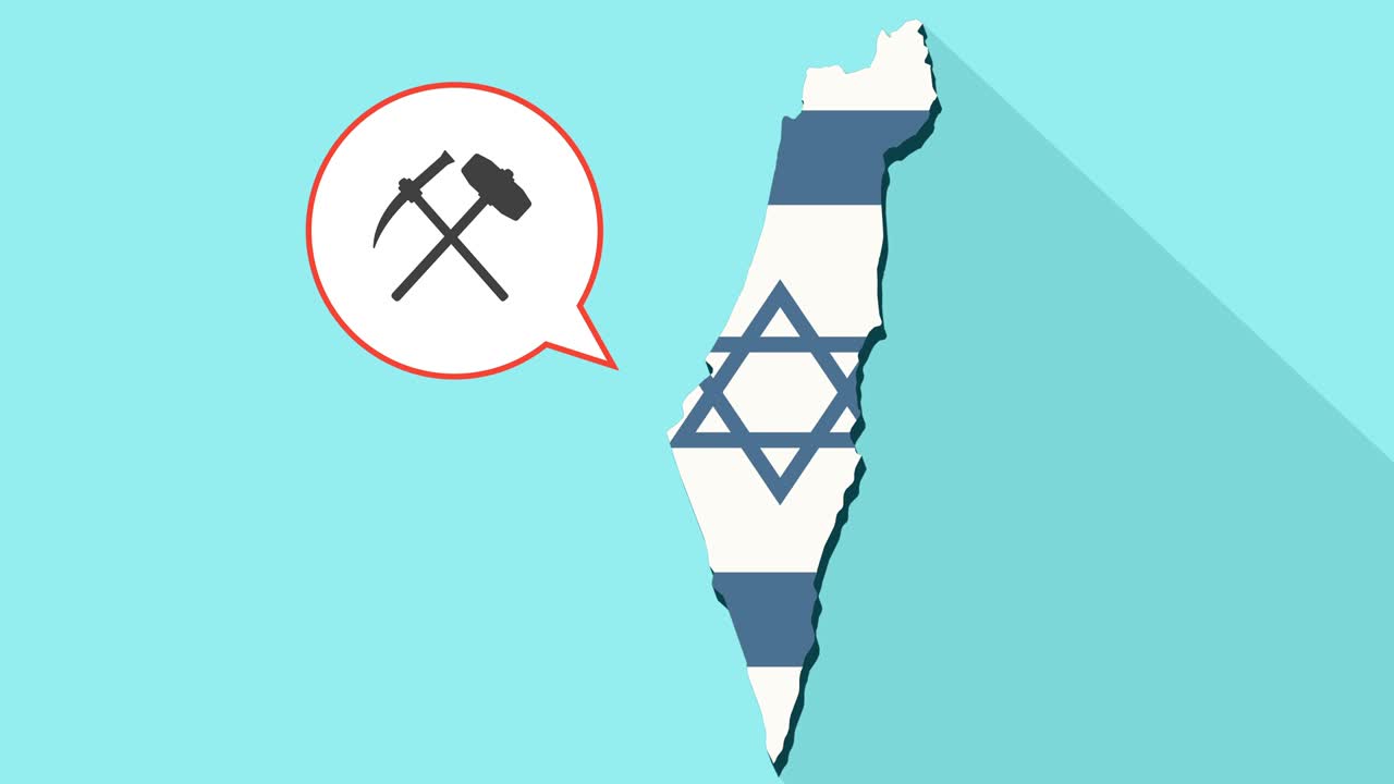 긴 그림자 이스라엘 지도와 발, 망치와 도끼 아이콘이 있는 만화 풍선의 애니메이션