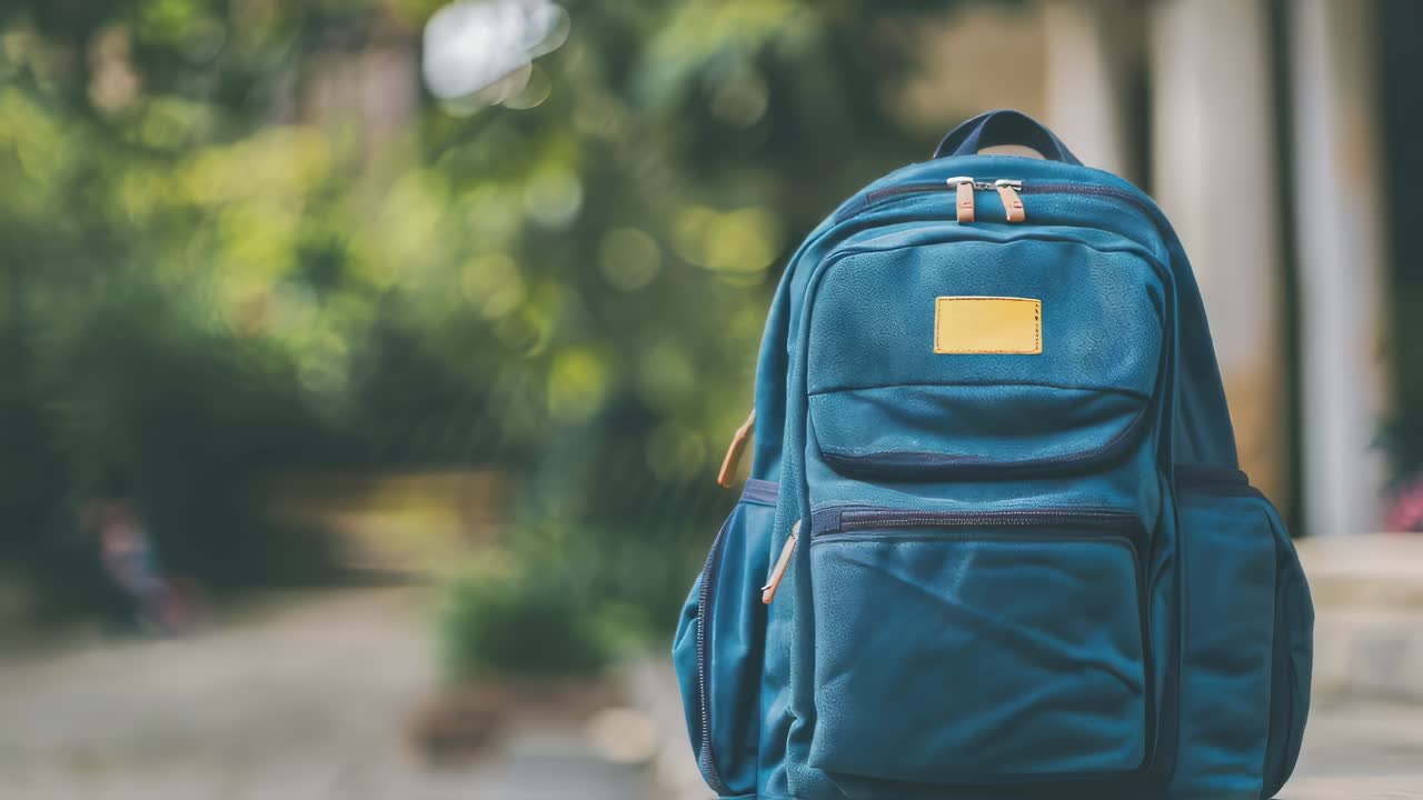 Blue backpack resting on ground within garden setting, surrounded by blurred trees and architectural columns, representing student lifestyle and educational preparedness