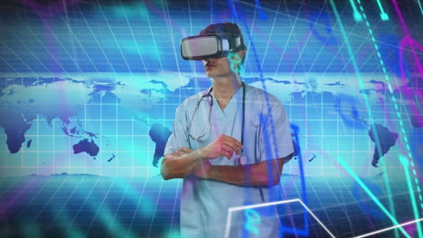 animation of caucasian male doctor in vr headset over world map and diverse data