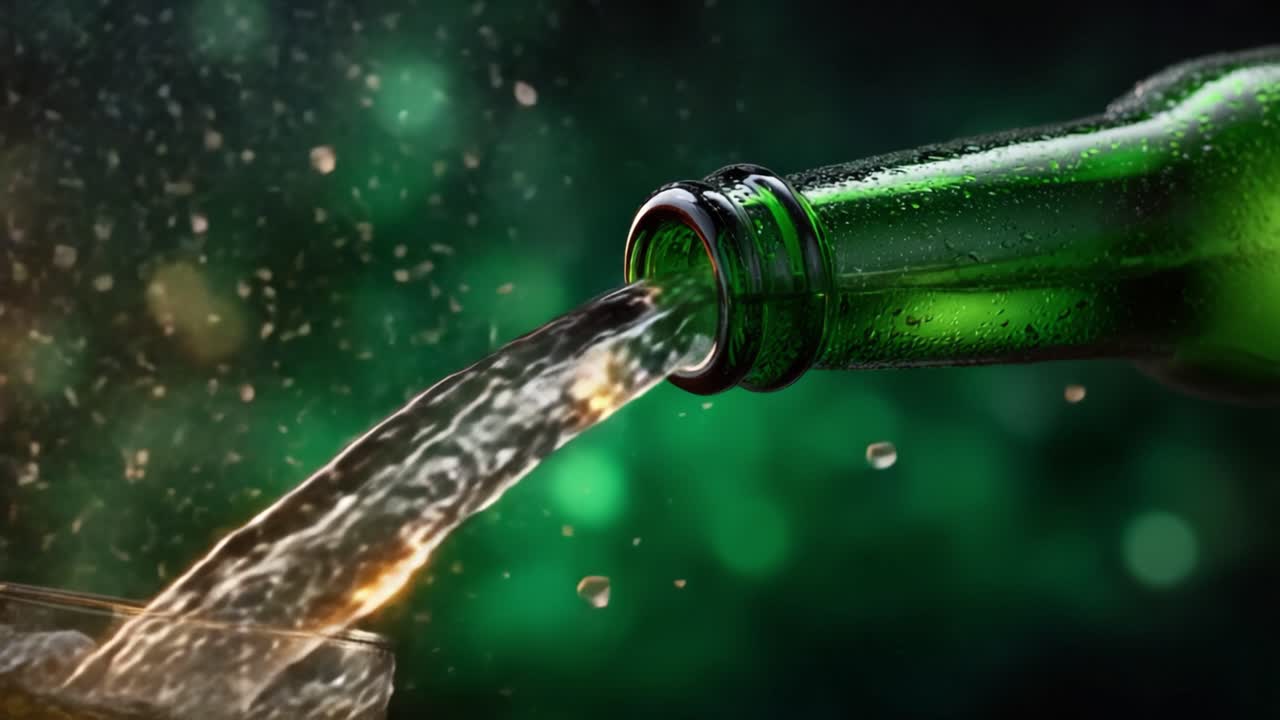 En uppfriskande hällning från en grön glasflaska när kolsyrad vätska kaskaderar ner i ett glas, vilket skapar en bubblig, inbjudande atmosfär med en levande grön bokeh-bakgrund