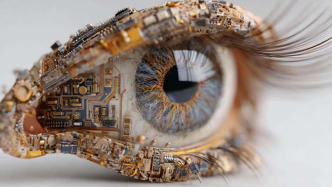 A Fascinating Fusion of Technology and Nature: An Intricate Close-Up of a Computerized Eye, Blending Organic and Mechanical Elements into a Stunning Visual Masterpiece