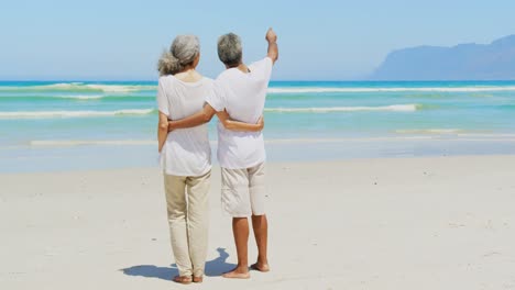 Rear-view-of-active-senior-African-American-man-pointing-out-at-distance-to-woman-at-beach-4k