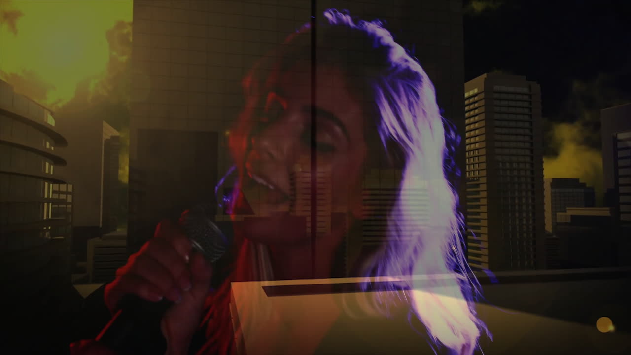 Female singer performing on music tech stage, holding microphone with animated skyline graphic