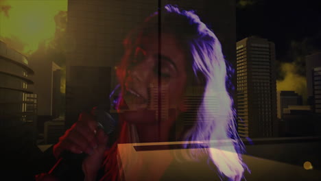 Female singer performing on music tech stage, holding microphone with animated skyline graphic