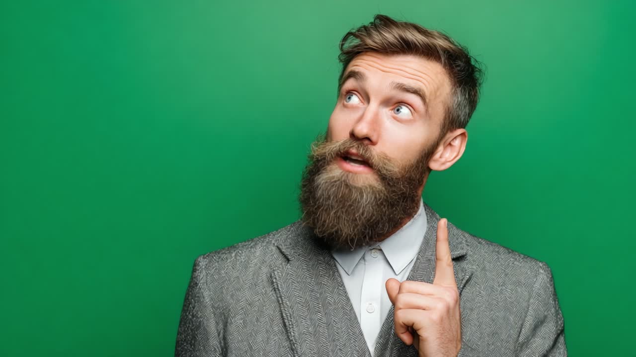 Un Uomo Elegante con Barba Folta Esprime un Gesto Pensieroso Contro uno Sfondo Verde Vibrante, Mostrando un Momento di Ispirazione e Curiosità