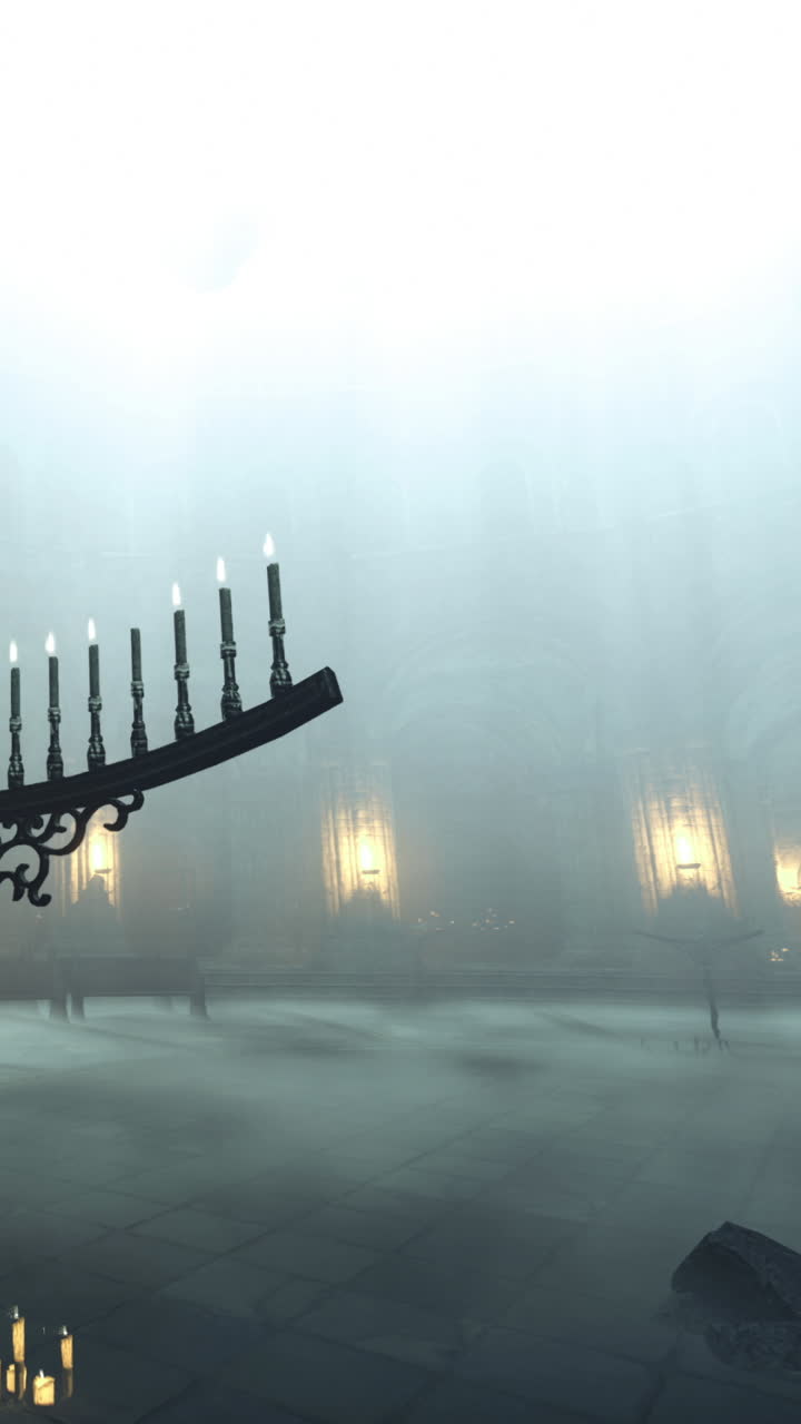 Mysterious scene with candles and fog in a dimly lit space at night