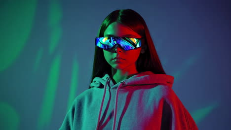 young person experiencing virtual reality in futuristic glasses with neon lighting