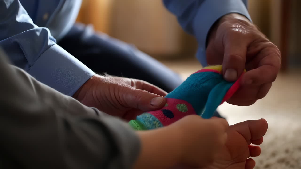 Adult Helping a Child Put on Colorful Socks