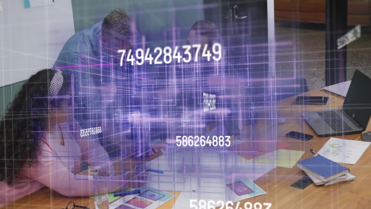 Male mentor leaning and pointing, business team reviewing sheets while purple grid drifting away