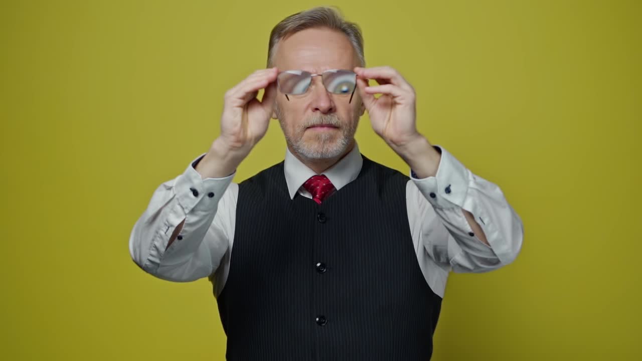 Old businessman holding glasses. Funny eyes through eyeglasses of a mature man on yellow background. Slow motion. Positive emotions.