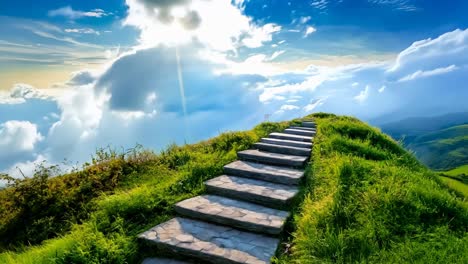 a set of stone steps leading up to the top of a grassy hill