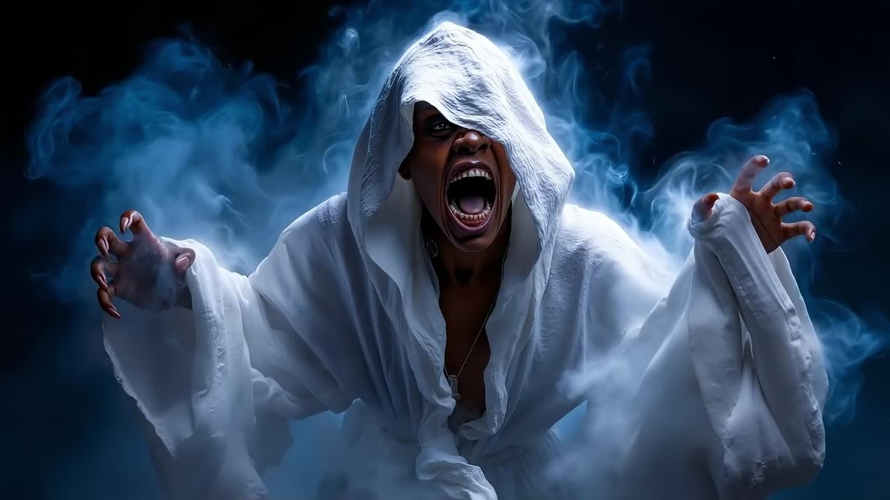 A woman in a white hooded robe with her mouth open in the smoke