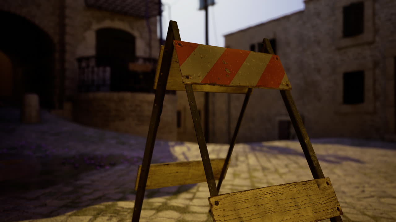 Cartello di pericolo su una strada acciottolata in una città vecchia durante le ore del crepuscolo