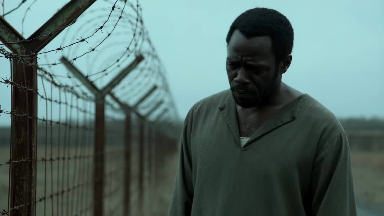 Man standing beside a long barbed wire fence on a gloomy day