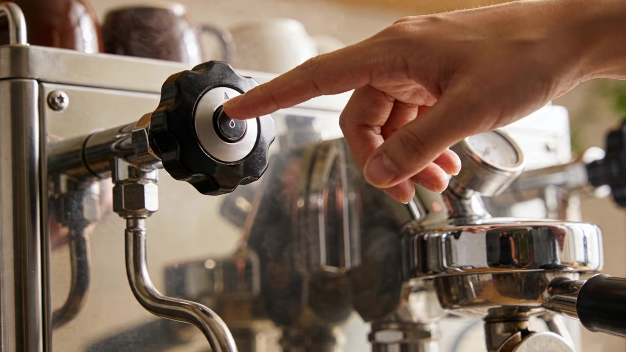 Jari mendekat menekan dan menahan tombol tengah untuk menyeduh pada mesin espresso rumahan, portafilter