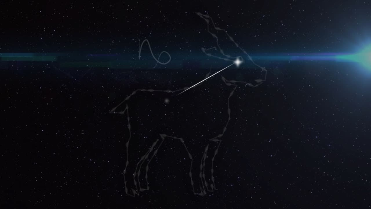 Animation af forbundne prikker, der danner stenbukkens symbol og lysreflekser over sort baggrund