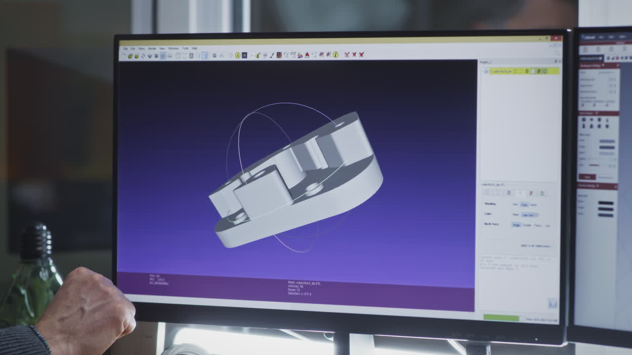 Person's hand pointing at a 3D CAD model on a computer screen