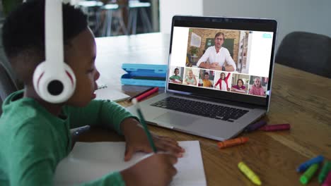 schoolboy using laptop for online lesson at home, with diverse teacher and class on screen