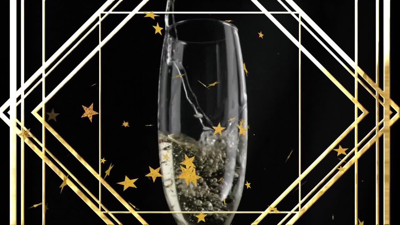 Animazione di stelle fluttuanti e una cornice dorata sopra un bicchiere di champagne su sfondo nero.
