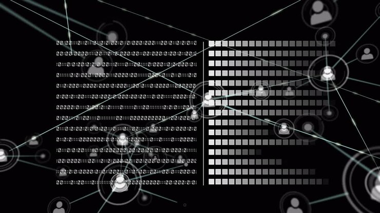 Animasjon av databehandling med binær koding og nettverk av forbindelser