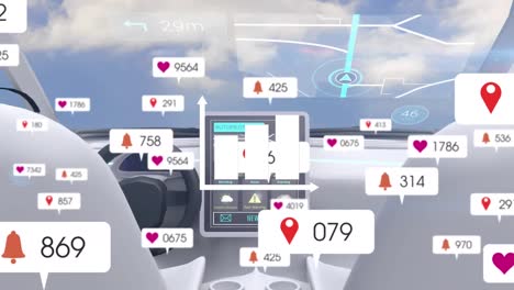 Animation-Von-Diagrammsymbolen-Und-Benachrichtigungen-Sozialer-Netzwerke-über-Dem-Fahrzeuginnenraum-Mit-Autopilot-Technologie