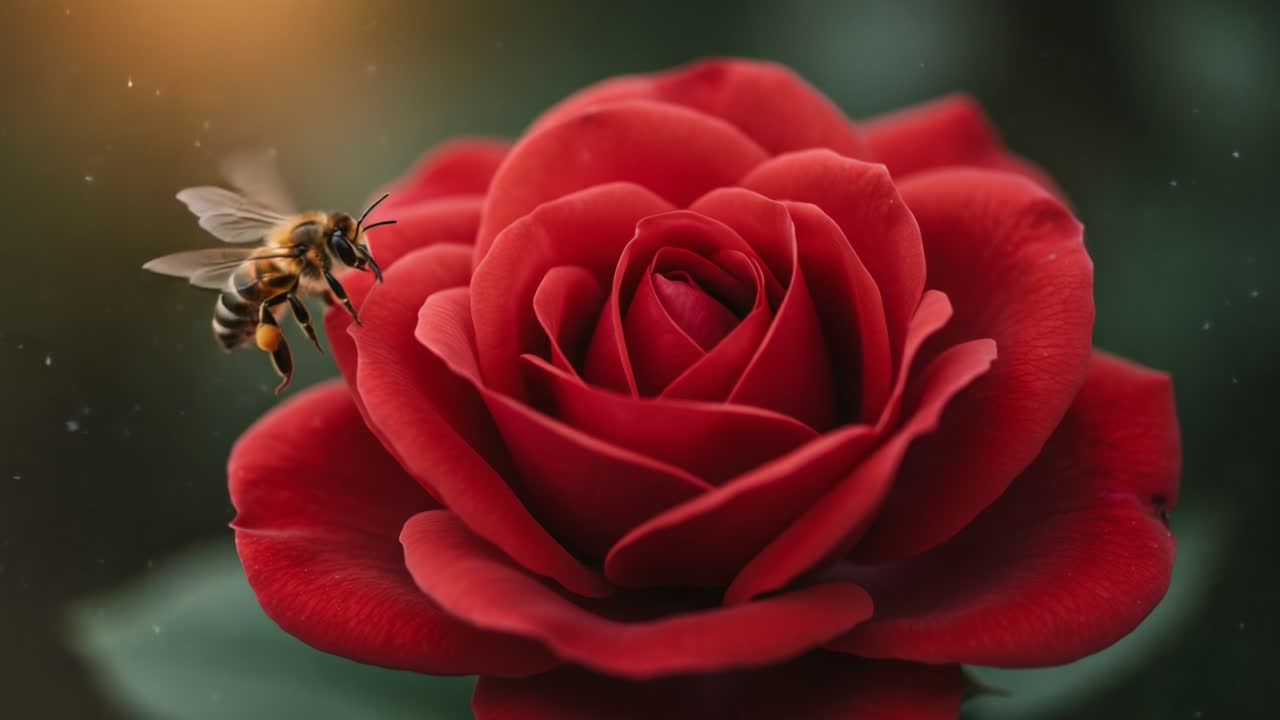 Uno Splendido Primo Piano di un'Ape che si Avvicina a una Vivace Rosa Rossa, Mostrando la Bellezza della Natura e l'Essenziale Processo di Impollinazione in un Tranquillo Ambiente da Giardino