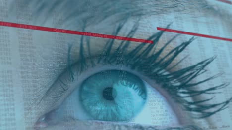 Animation of woman&#039;s blue eye and scrolling digital information with red lines