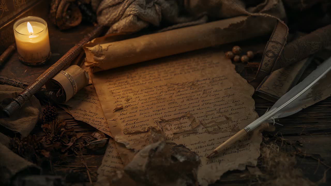 Flickering candle flame revealing aged cursive parchment and quill on desk, making script clearer