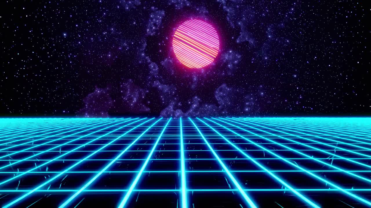 Retro-futuristic video style with a low-angle view of a neon grid extending to a starry sky