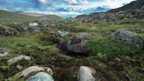 Moss-covered-rocks-under-the-stormy-sky-in-the-starch-Nordic-landscape