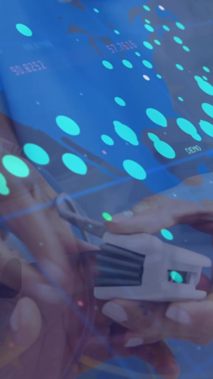 Animation of data processing over mid section of health worker checking blood pressure of patient