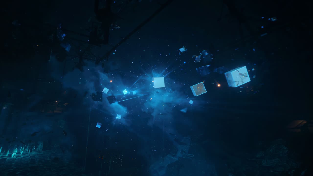 Drifting luminous cube cluster responding to central cube brightening in dark void, pulsing mist