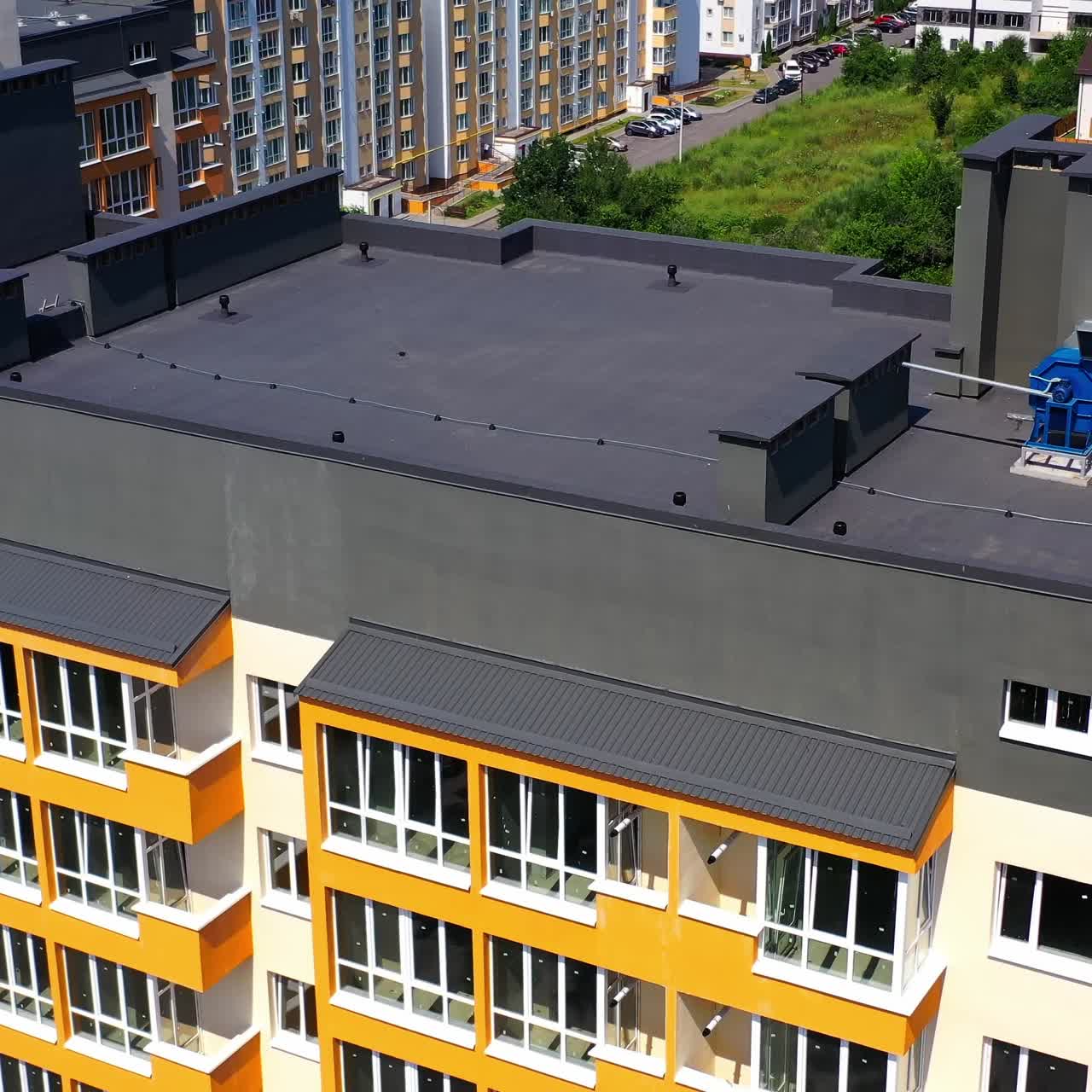 Aerial view of apartment building roofs