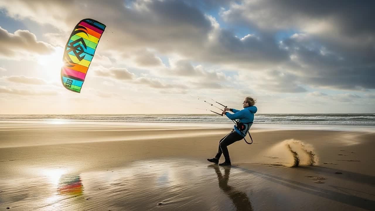 A Vibrant Kitesurfer Harnesses the Power of the Wind on a Serene Beach at Sunset, Capturing the Essence of Water Sports and Adventure in a Picturesque Setting