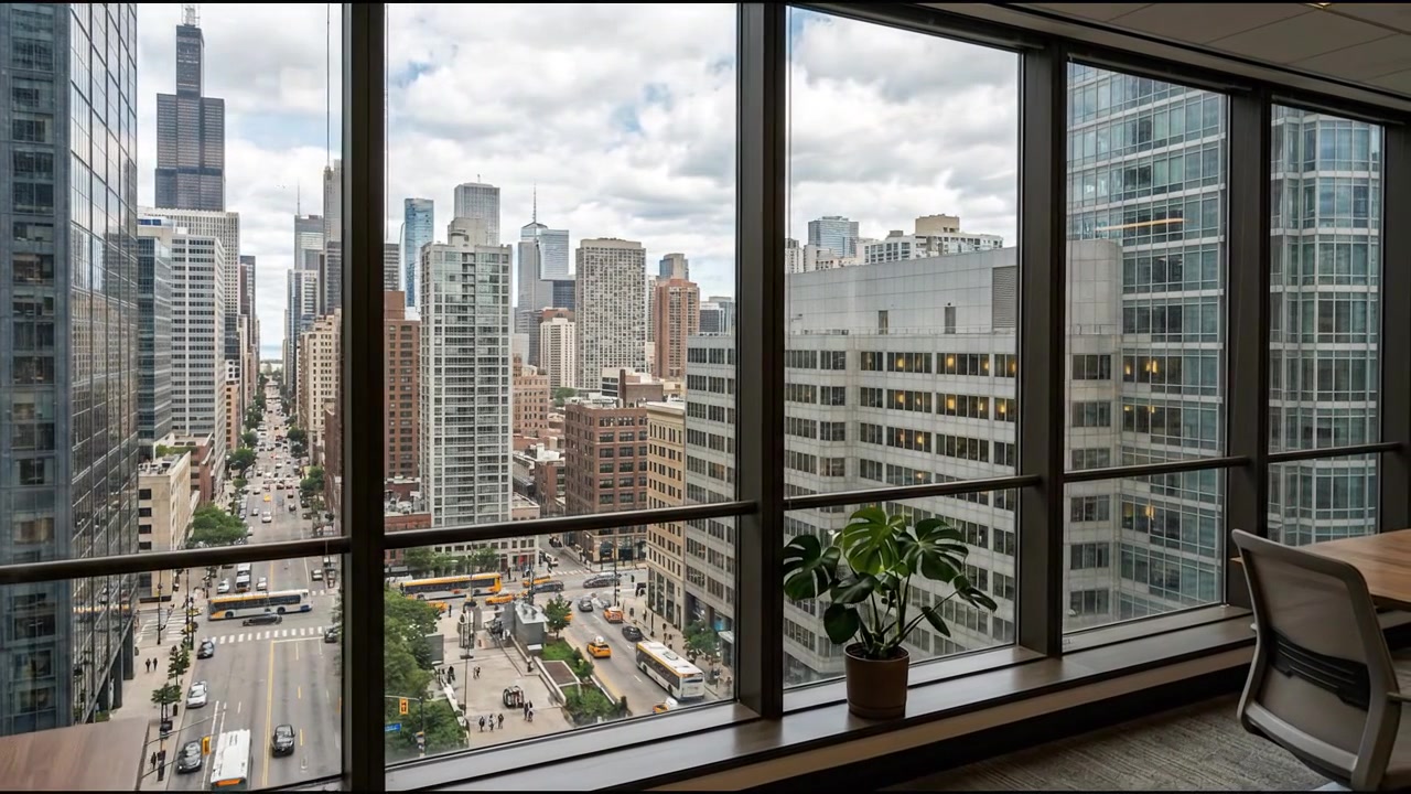 Office window overlooking urban downtown city skyline and buildings