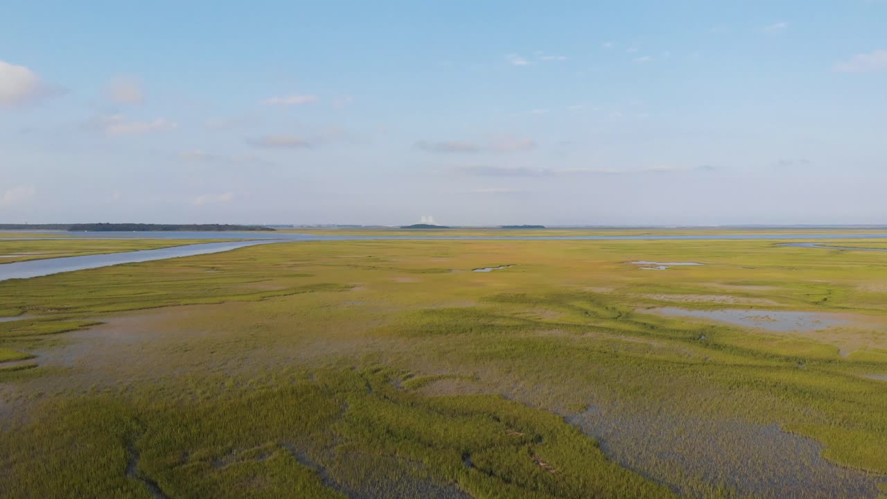 Aerial View of Marshland in South Georgia with Sidney Lanier Bridge in Background