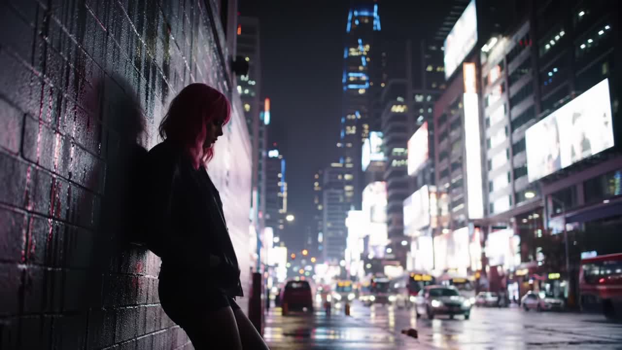 A Mysterious Figure Beneath Vibrant City Lights: Capturing the Essence of Nightlife in an Urban Setting with Neon Reflections and Rainy Atmosphere