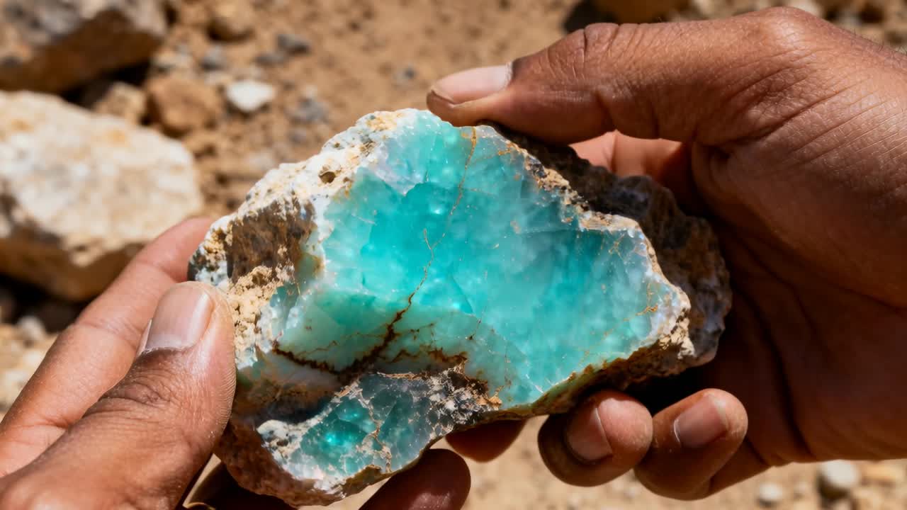 Mani di un collezionista che tengono una roccia blu appena spezzata, ruotando l'esemplare su rocce illuminate dal sole, per rivelare una cavità