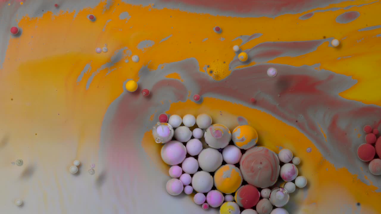 추상적인 다채로운 거품, 역동적인 흐름의 매크로 컬러 페인트, 혼란스러운 모션, 텍스처 배경,  뷰
