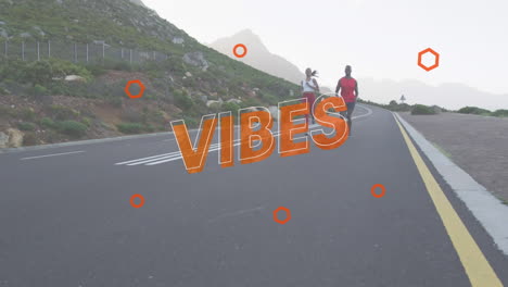 animation of the word vibes in orange over couple exercising running on mountain road