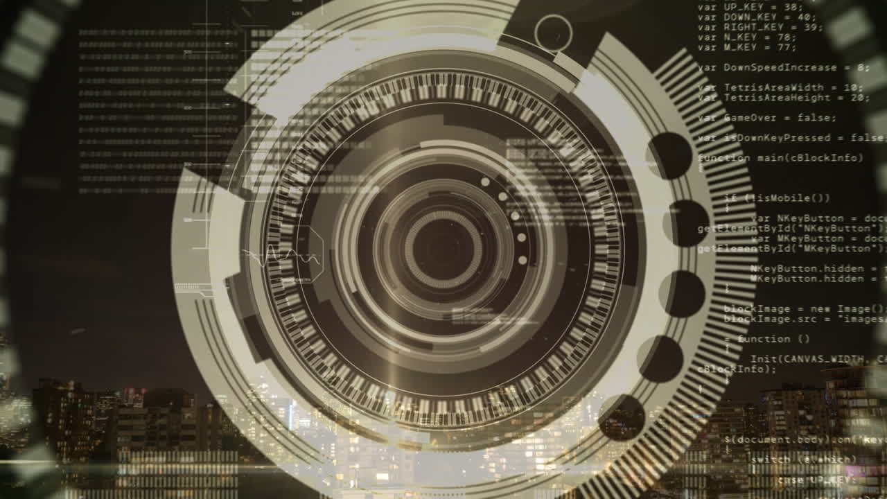 도시 풍경 배경에서 범위 스캐닝과 데이터 처리의 애니메이션