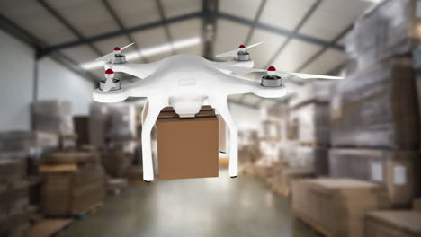 drone carrying a boxy hovering a warehouse